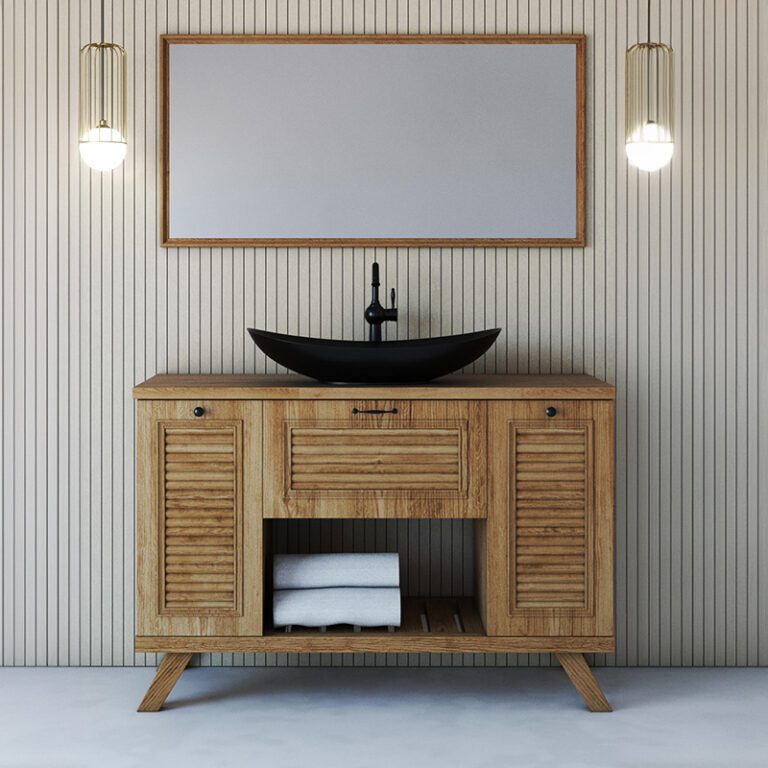 ארון נייבה עץ מלא בגודל 120 ס"מ עם מגירה, שתי דלתות ומשטח בוצ'ר בעיצוב מרחף