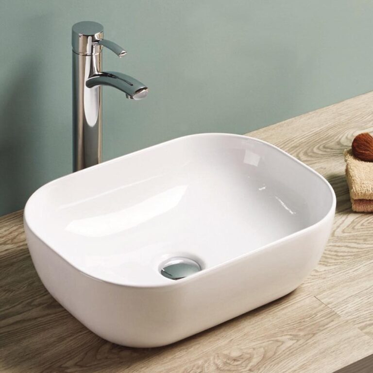 כיור מונח אובלי לאמבטיה - כיור חרס לבן מבריק למטבח ואמבטיה - כיור מונח קטן 46 ס"מ רוחב - כיור חרס איכותי לארון אמבטיה