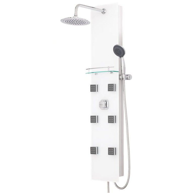 פנל מקלחת מזכוכית לבנה דגם 2426 עם 6 ג'טים מתכווננים מדף זכוכית טוש ומזלף