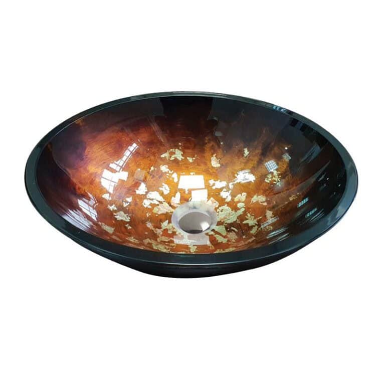 כיור מונח זכוכית עלים שחורים דגם 9275 - כיור זכוכית 41x33 ס"מ לאמבטיה - כיור מונח זכוכית דקורטיבי לארון - כיור זכוכית איכותי 14 ס"מ גובה אמנותי מעוצב