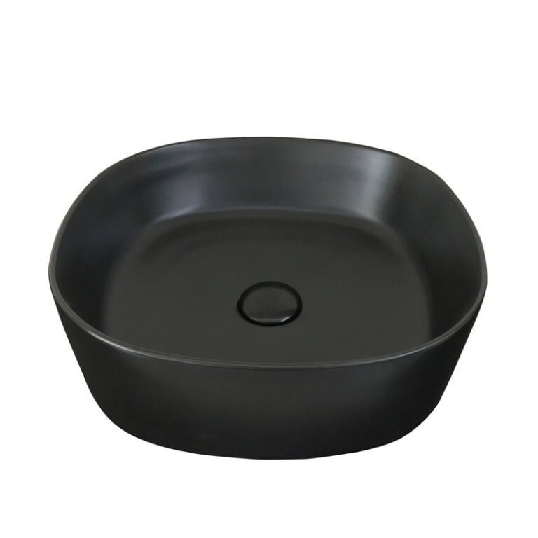 כיור חרס מונח דגם 9449MB בגימור שחור מט, מידות 44x44x13 ס"מ, התקנה על משטח