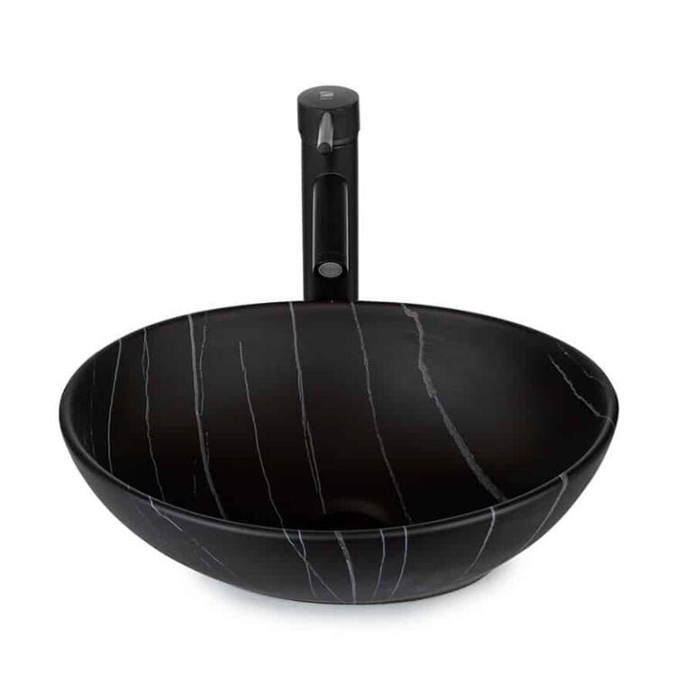 כיור מונח אובלי חרס קלקטה שחור מט דגם 9450MB - כיור חרס 41x33 ס"מ לאמבטיה - כיור מונח קלקטה שחור מט אליפטי לארון - כיור חרס איכותי 15 ס"מ גובה מעוצב דרמטי