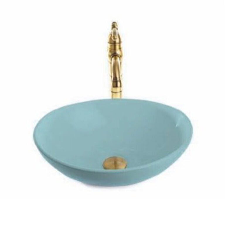 כיור מונח אובלי חרס תכלת מט דגם 9450BL - כיור חרס 41x33 ס"מ לאמבטיה - כיור מונח תכלת מט אליפטי לארון - כיור חרס איכותי 15 ס"מ גובה מעוצב צבעוני ייחודי