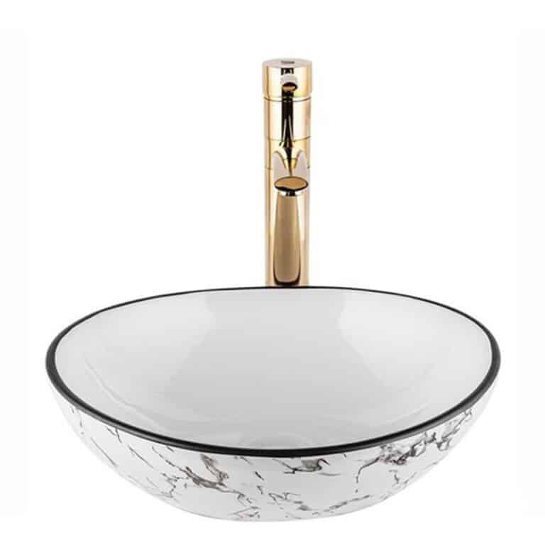 כיור מונח אובלי חרס קלקטה פס שחור דגם 9450WG - כיור חרס 41x33 ס"מ לאמבטיה - כיור מונח קלקטה פס שחור אליפטי לארון - כיור חרס איכותי 15 ס"מ גובה מעוצב ייחודי