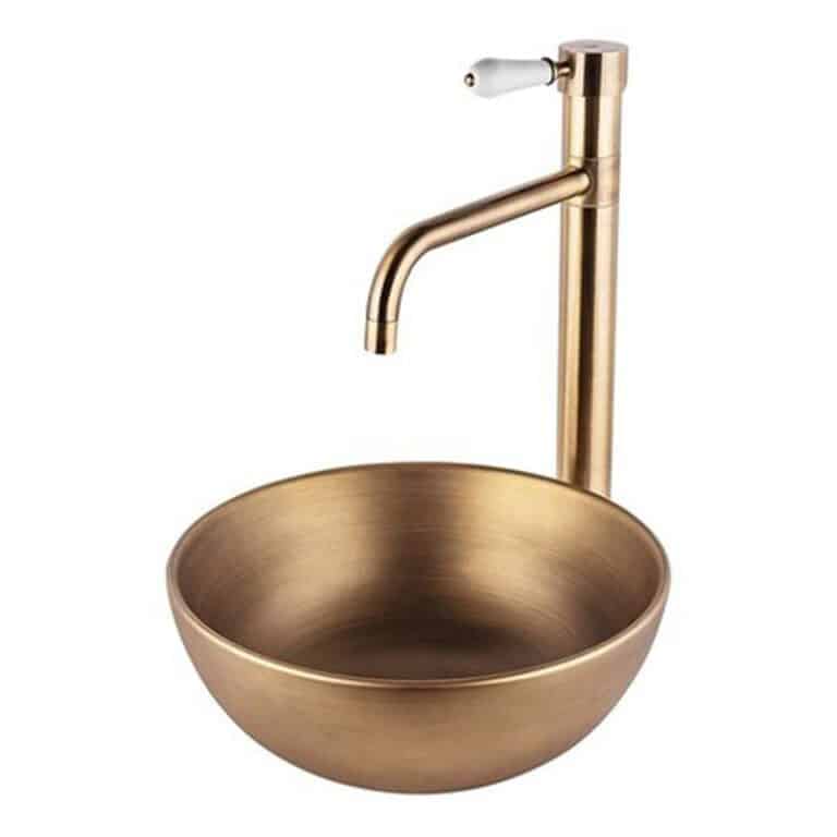 כיור מונח חרס ברונזה צהובה דגם 9462YB - כיור חרס מיני 28x28 ס"מ לאמבטיה - כיור מונח קטן ברונזה צהובה לארון - כיור חרס איכותי 12 ס"מ גובה קומפקטי וינטאג' מתכתי