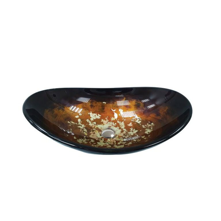 כיור מונח זכוכית עלים שחורים דגם 9475 - כיור זכוכית 54x36 ס"מ לאמבטיה - כיור מונח זכוכית דקורטיבי לארון - כיור זכוכית איכותי 14 ס"מ גובה אמנותי מעוצב