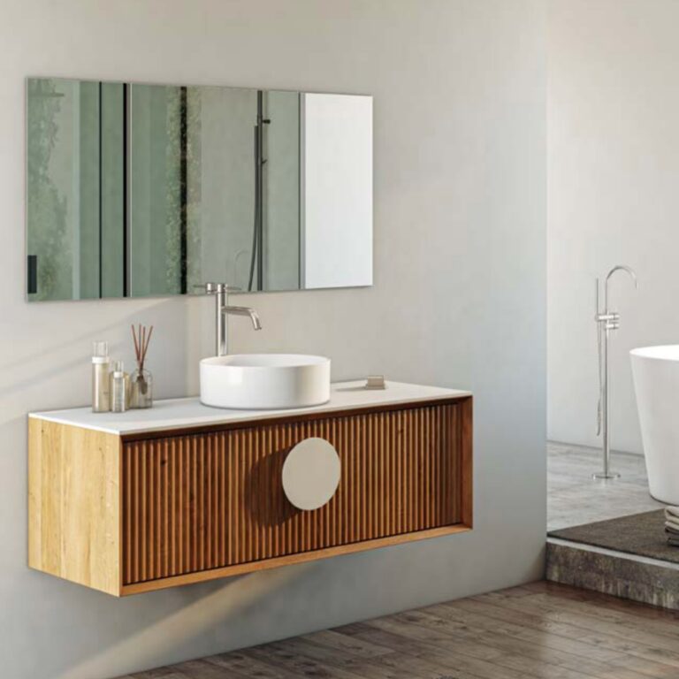 ארון אמבטיה תלוי דגם סגונטו 60 ס"מ עם גוף וחזית עץ לאמי, מגירה כפולה ומשטח אפוקסי