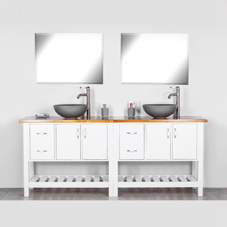 ארון אמבטיה דגם מילאנו בצבע לבן עם משטח בוצ'ר, כיורים אפורים וברזים שחורים