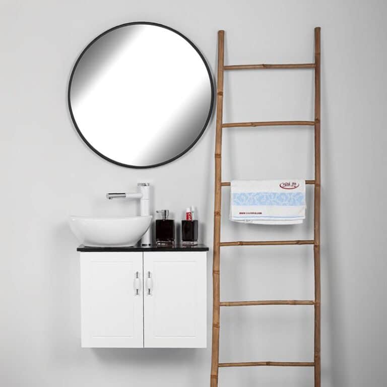 ארון אמבטיה פרובנס בגימור לבן עם כיור חרס מט וברז לבן-ניקל