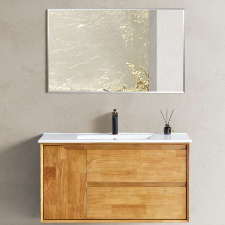 ארון אמבטיה תלוי דגם גורדן 80 ס"מ, מעץ אלון מלא עם שתי מגירות ודלת, משטח כיור חרס או בוצ׳ר