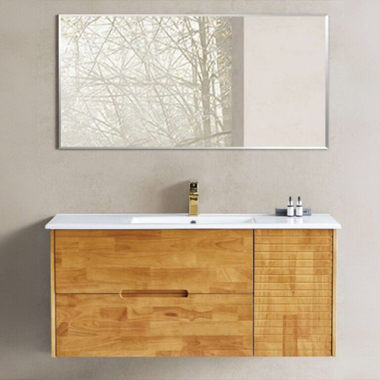 ארון אמבטיה תלוי דגם קומרי 80 ס"מ, שתי מגירות עץ אלון מלא, משטח חרס או בוצ׳ר