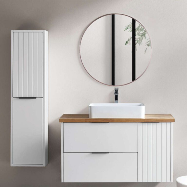 ארון אמבטיה תלוי דגם סיישל 80 ס"מ, שתי מגירות ודלת בגימור אפוקסי, משטח חרס או בוצ׳ר