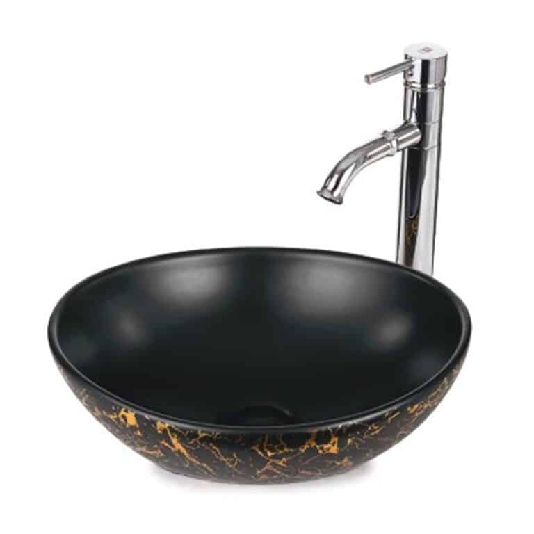 כיור מונח חרס שחור מט זהב דגם 9450CW - כיור חרס יוקרתי 41x33 ס"מ לאמבטיה - כיור מונח שחור זהב לארון - כיור חרס איכותי 14 ס"מ גובה מעוצב בוטיק