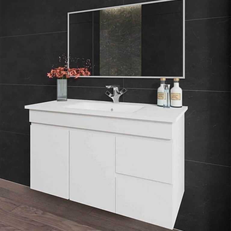 ארון אמבטיה אפוקסי דגם רומבה אינטגרלי בגודל 70 ס"מ עם שתי מגירות ודלת אחת ומשטח חרס בעיצוב תלוי