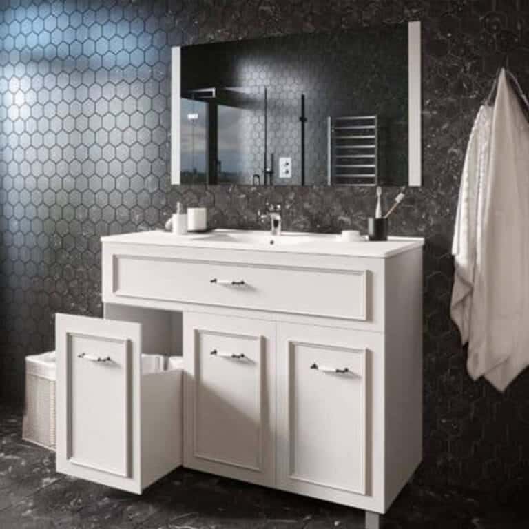 ארון אמבטיה איריס 90 ס"מ על רגליים עם שתי דלתות, מגירת גלריה ומשטח חרס בעיצוב עתיק