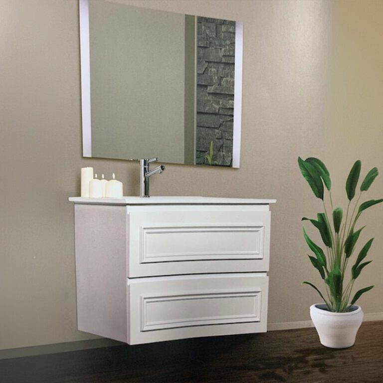 ארון אמבטיה אפוקסי דגם מאיה בגודל 60 ס"מ עם שתי מגירות ומשטח חרס בעיצוב תלוי