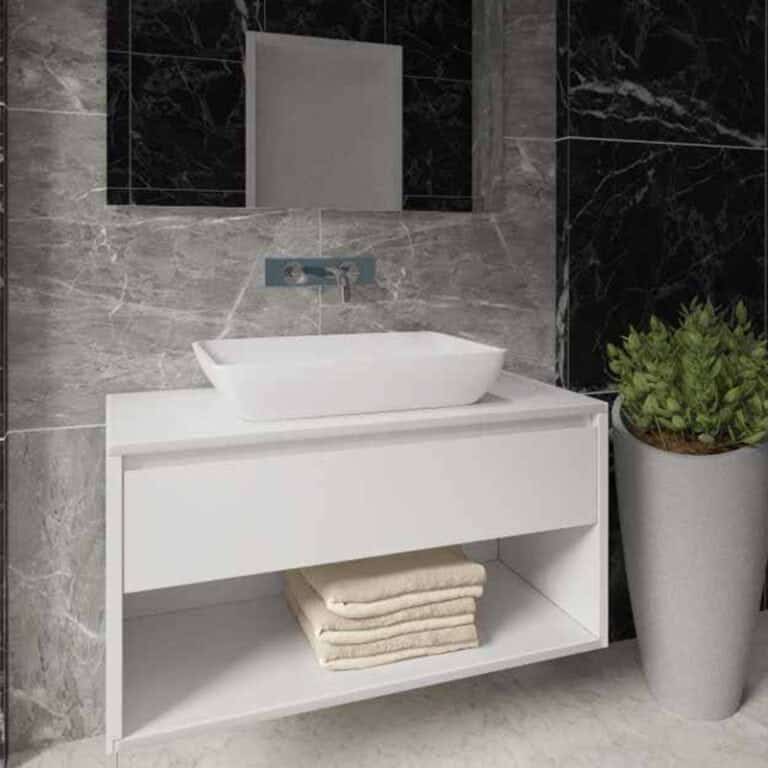 ארון אמבטיה אפוקסי דגם שלג בגודל 60 ס"מ עם מגירה אחת, חלל פתוח ומשטח חרס בעיצוב תלוי