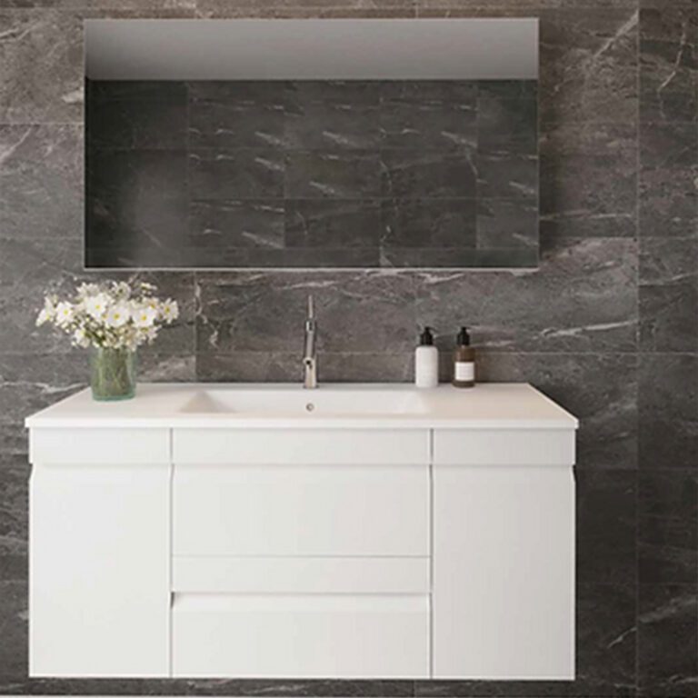 ארון אמבטיה לילך 90 ס"מ עם שתי דלתות, שתי מגירות ומשטח חרס בעיצוב תלוי