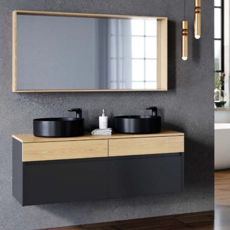 ארון אמבטיה תלוי דגם אלסנדרו 60 ס"מ עם גוף וחזית אפוקסי בשילוב פורניר, מגירות דאבל גלריה ומשטח פורניר