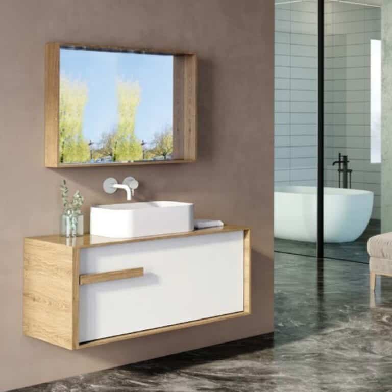 ארון אמבטיה תלוי דגם אנטוניו 60 ס"מ עם גוף ומשטח פורניר אלון, חזית אפוקסי ומתלה מגבות