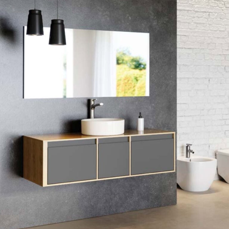 ארון אמבטיה תלוי דגם ארמני 100 ס"מ בגימור אפוקסי, שלוש מגירות ופורניר עץ אלון עליון