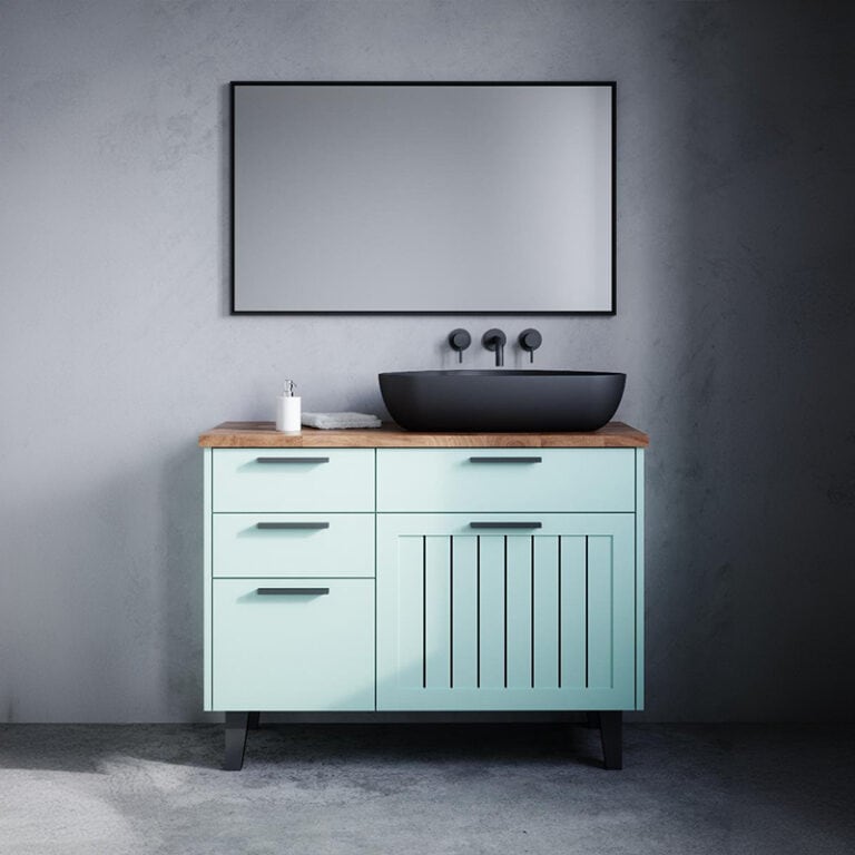 ארון אמבטיה דגם דניאל בגוון אפוקסי לבן עם מגירות, משטח עץ בוצ’ר ועיצוב מרחף