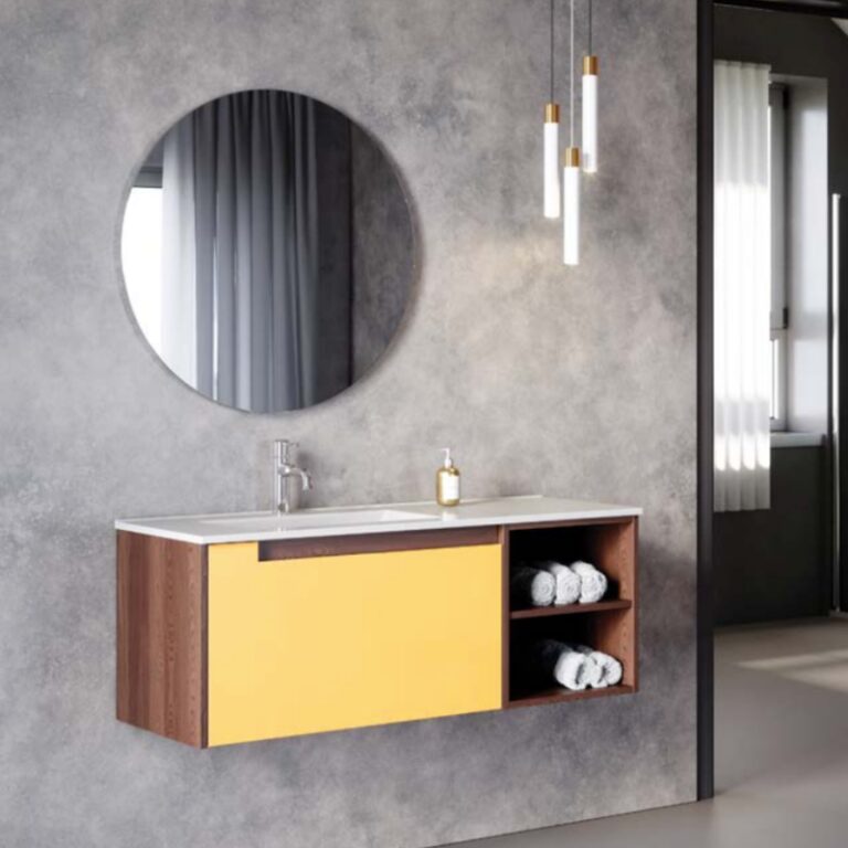 ארון אמבטיה תלוי דגם פביאן 90 ס"מ עם מגירת דאבל גלריה אפוקסי, גוף ותאים פתוחים מפורניר עץ אלון