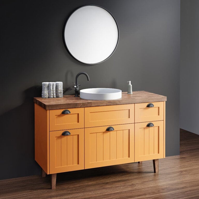 ארון אמבטיה אפוקסי דגם גלעד עם מגירות ודלתות, משטח בוצ’ר וסט מגבות עץ אלון