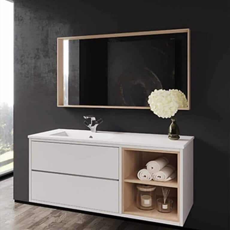 ארון אמבטיה לורה 90 ס"מ עם שתי מגירות, שני תאים פתוחים ומשטח חרס בעיצוב תלוי