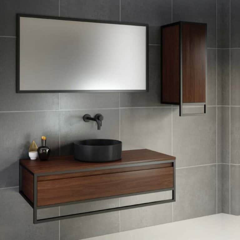 ארון אמבטיה מגנזיום עם חזית לאמי, מגירה שקטה ומתלה מגבות בעיצוב תעשייתי