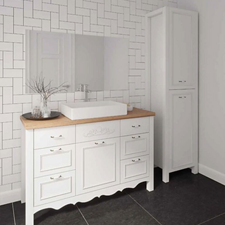 ארון אמבטיה על רגליים עם גוף סנדוויץ', חזית MDF ירוק, רגליים עץ גושני ומשטח עץ בוצ'ר אלון