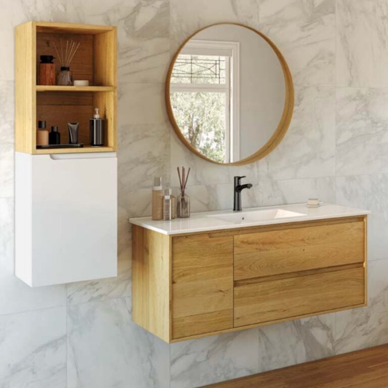 ארון אמבטיה תלוי דגם מיורקה 80 ס"מ עם גוף, חזית ומשטח פורניר, שתי מגירות ודלת טריקה שקטה