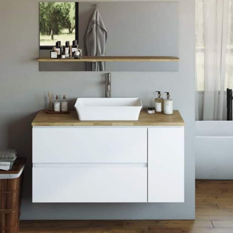 ארון אמבטיה עומר תלוי בגודל 90 ס"מ עם מגירות ודלת, משטח עץ בוצ'ר 2.6 ס"מ