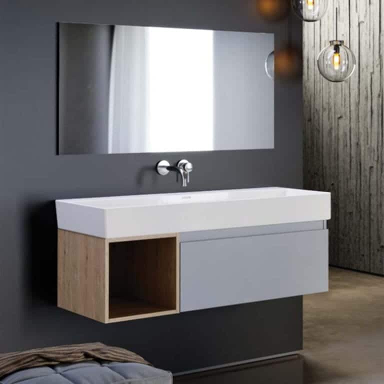 ארון אמבטיה תלוי דגם אנזו 80 ס"מ בגימור אפוקסי עם מגירה גבוהה ותא פתוח פורניר עץ אלון