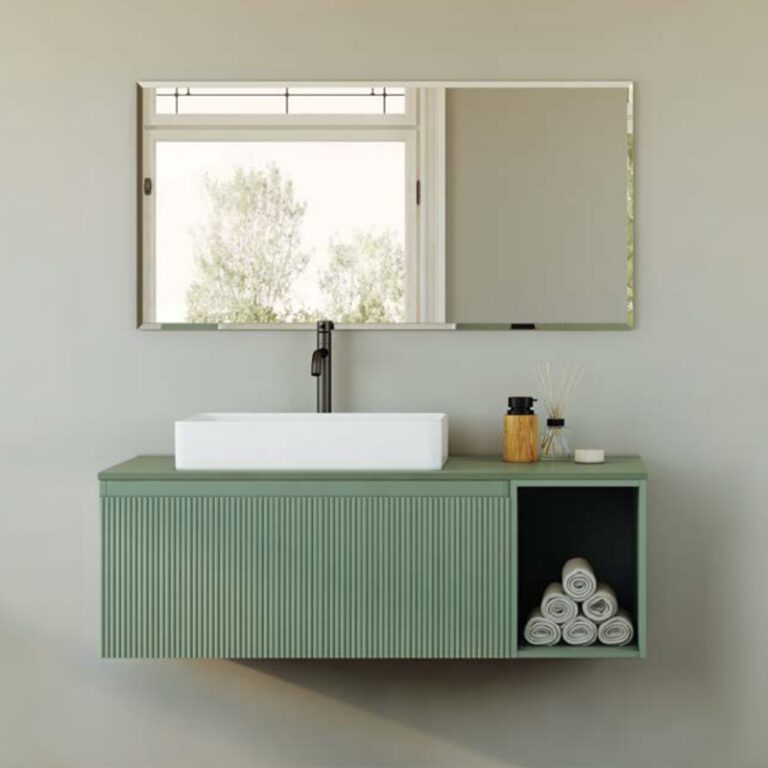 ארון אמבטיה תלוי דגם פלאנה 100 ס"מ בגימור אפוקסי עם מגירה ותא פתוח, כולל משטח אפוקסי