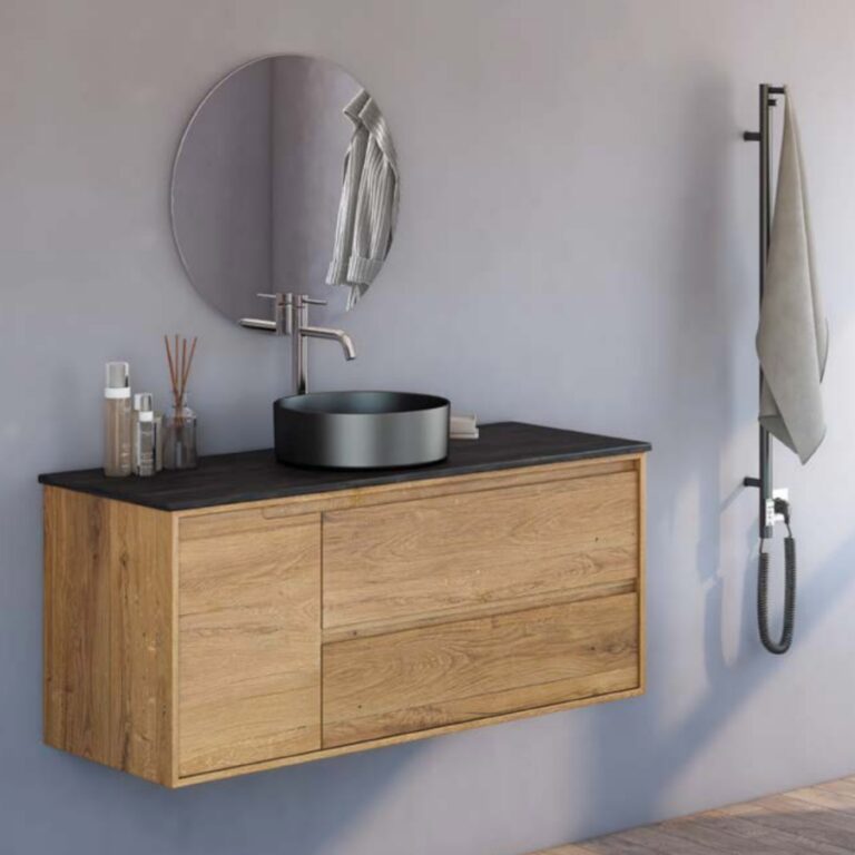 ארון אמבטיה תלוי דגם טנריף 80 ס"מ עם גוף, חזית ומשטח פורניר, שתי מגירות ודלת טריקה שקטה