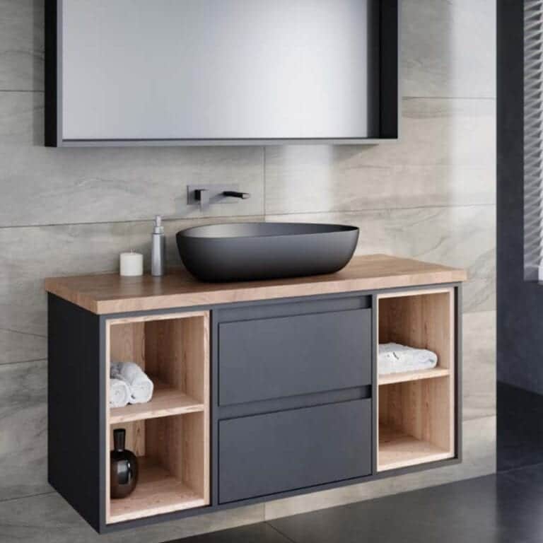 ארון אמבטיה תלוי דגם ויטוריו 100 ס"מ עם מגירות אפוקסי, תאים פתוחים פורניר ומשטח בוצ'ר עץ אלון