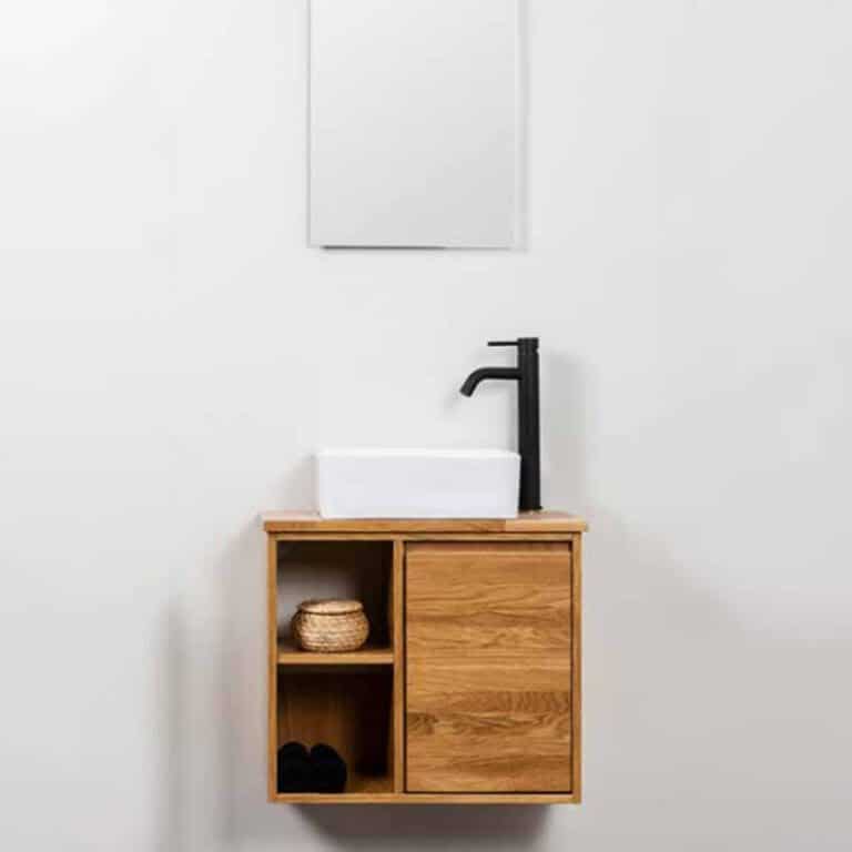 ארון אמבטיה מיני פיקולי 60 ס"מ עם דלת אחת, משטח בוצ'ר, כיור מונח וברז שלומו גבוה