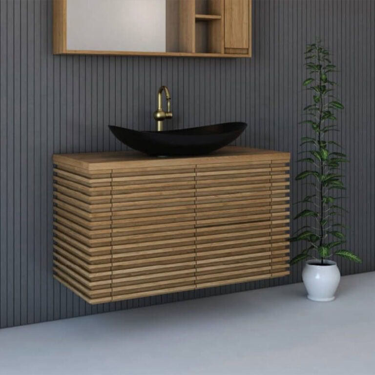 ארון אמבטיה פאלמס בגודל 80 ס"מ עם שתי מגירות, דלת אחת ומשטח עץ בוצ'ר