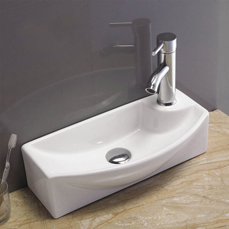 כיור דגם רון 45 ס"מ עשוי חרס עם עומק צר 22 ס"מ ואפשרות התקנה מונחת או תלויה