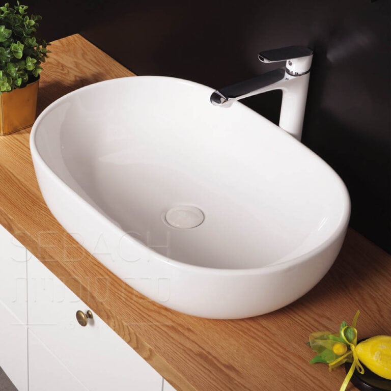 כיור חרס מונח אובלי דגם נופית בגימור לבן, מידות 59x40x15 ס