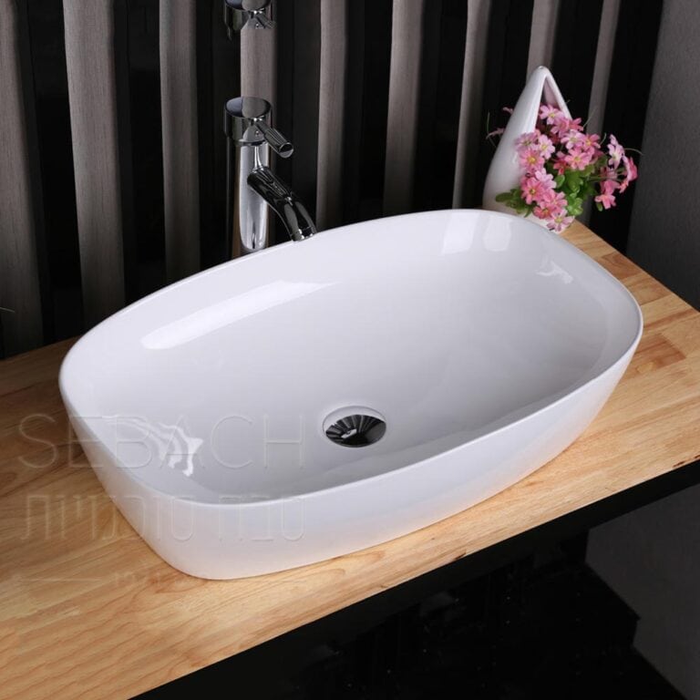 כיור חרס מונח אובלי דגם מעיין בגימור לבן, מידות 60x40x14 ס