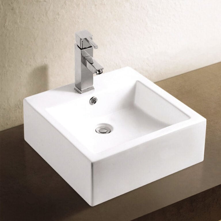 כיור חרס מונח דגם גיא, מידות 46x46x16 ס"מ, עיצוב ריבועי הרמוני ומאוזן