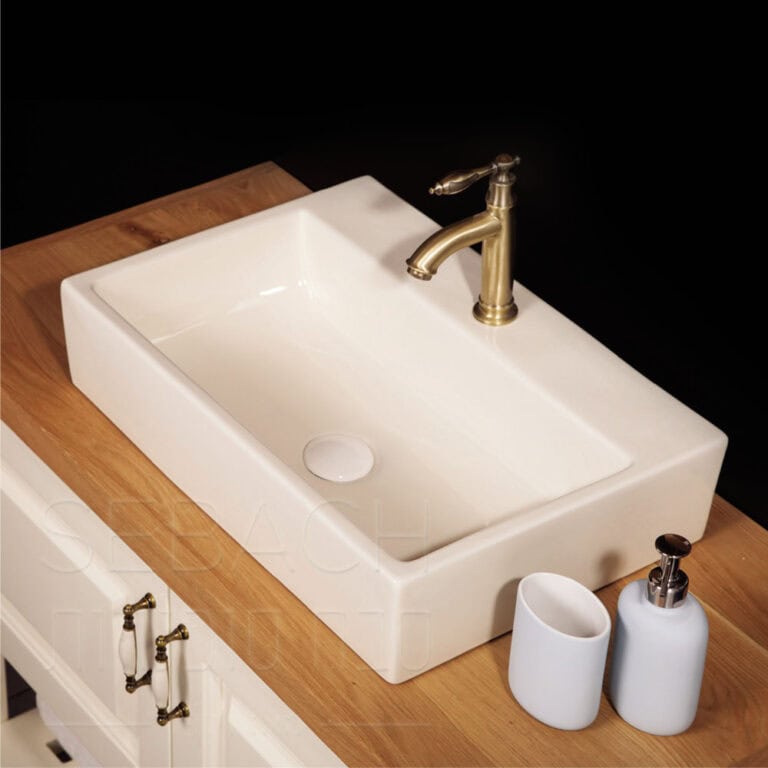 כיור חרס מונח אובלי דגם ורד בגימור לבן, מידות 51x36x12 ס