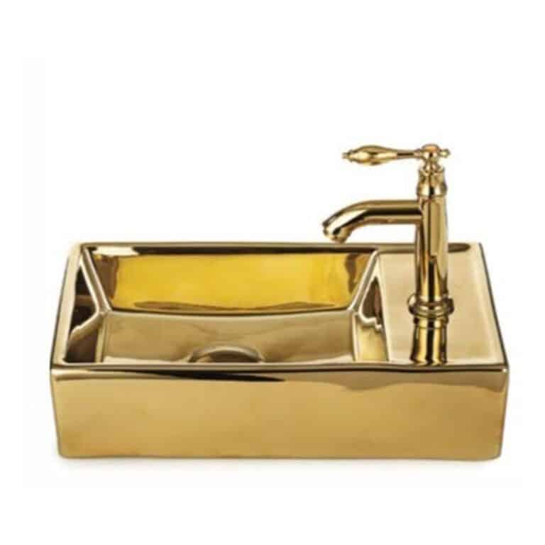 כיור מונח תלוי חרס זהב מבריק דגם 9318G - כיור חרס יוקרתי 41x22 ס"מ לאמבטיה - כיור זהב מבריק קומפקטי לארון - כיור חרס דק 10 ס"מ גובה מעוצב יוקרתי