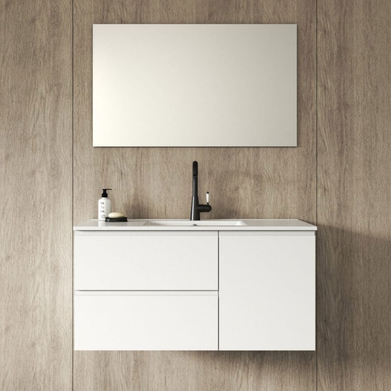 ארון אמבטיה דגם טל אינטגרלי 120 ס"מ צף, גוף אפוקסי, שתי מגירות ודלת, משטח חרס, מראה מרחפת