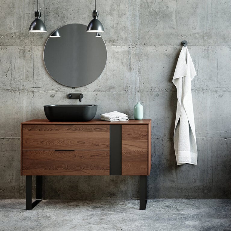ארון אמבטיה ולנטינו פורניר עץ אלון בגוון 102, עם רגליים מתכת ומשטח בוצ'ר – מידות 100 עד 150 ס"מ