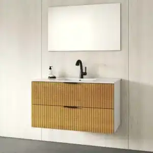 ארון אמבטיה תלוי דגם עידן עם מגירות וגימור דמוי עץ, כולל מראה מרחפת ומשטח חרס, זמין במידות שונות