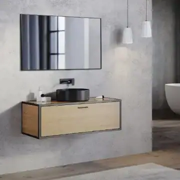 ארון אמבטיה מעץ בהיר עם כיור שחור