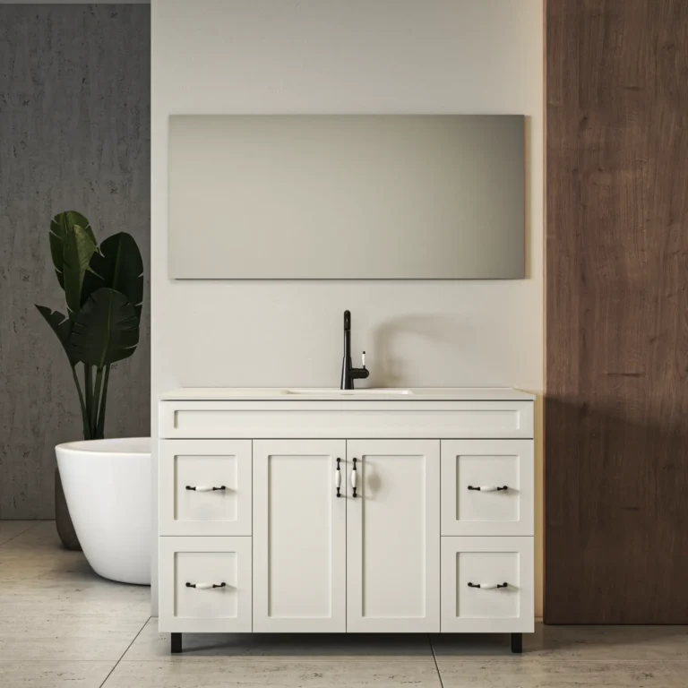 ארון אמבטיה תלוי דגם שלומי 120 ס"מ – עיצוב מודרני בלבן מט עם 4 מגירות ו־2 דלתות, משטח חרס איכותי, טריקה שקטה ומראה תואמת. מושלם לחדרי רחצה גדולים.